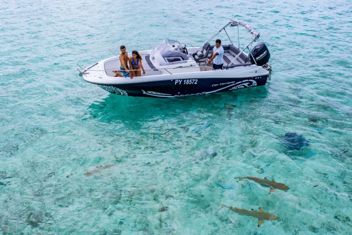 A couple enjoying a private boat tour in Bora Bora