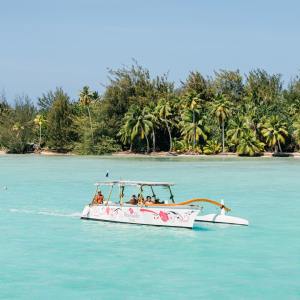 A Polynesian outrigger sailing in Bora Bora