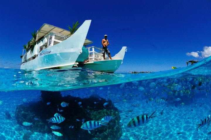 Moana Adventure Tours catamaran close to Bora Bora coral garden