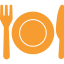 Orange icon of a plate, fork, and knife used for dining.