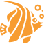 Stylized orange fish with bubbles.