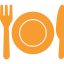 Orange fork, plate, and knife icon on white background.